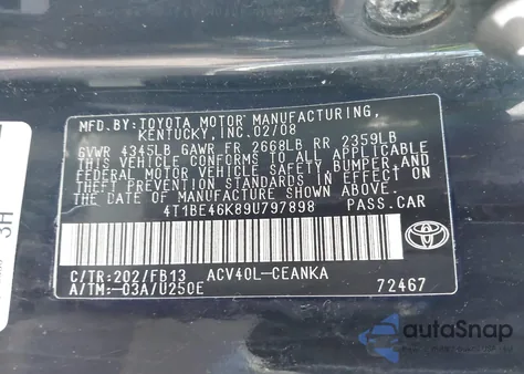 2009 Toyota Camry Le из США, поврежденный, VIN 4T1BE46K89U797898